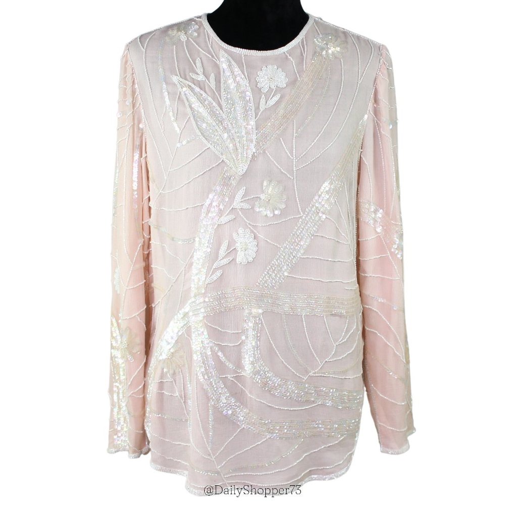 Judith Ann Creations Vintage Women's Pastel Pink Beaded 100% Silk Blouse